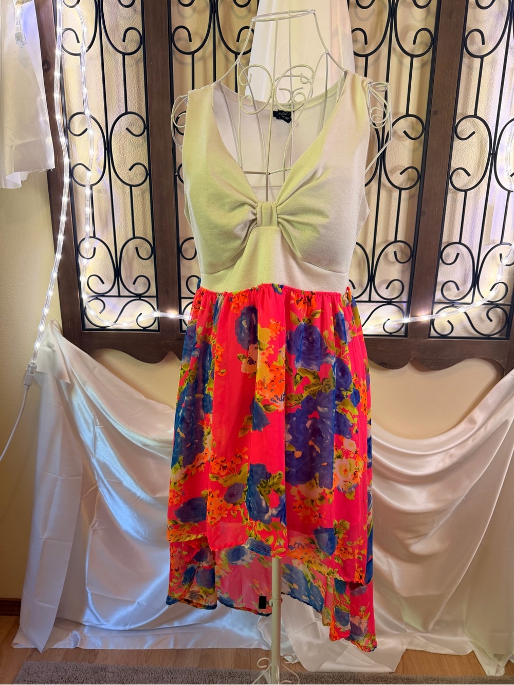 Rue21 White and Neon Pink High-Low Floral Dress